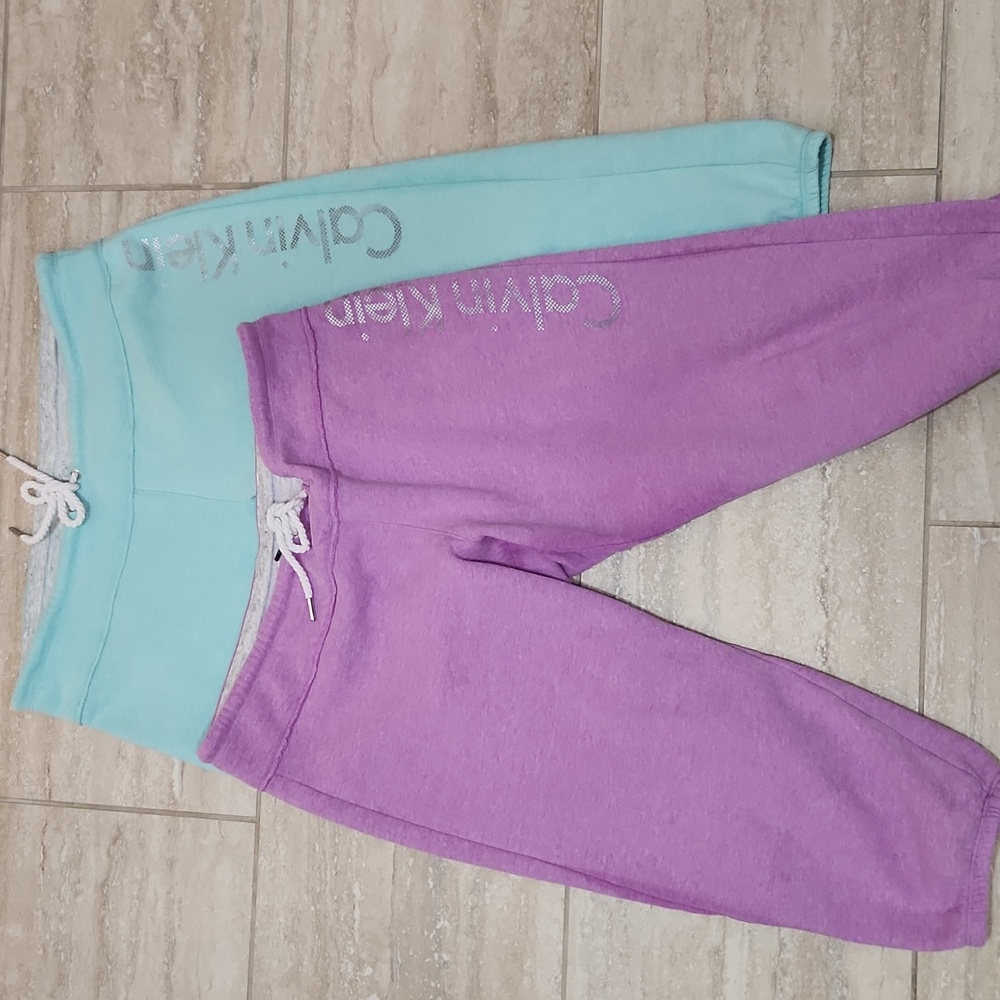 2 Calvin Klein Capri Joggers Sweat Pants Logo Drawstring Purple/Green Large